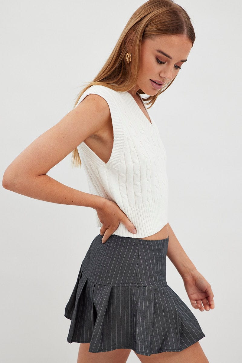 Grey Stripe Tennis Skirt Low Rise Mini Pleated Lined