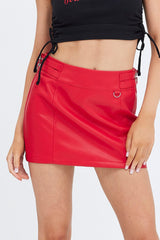 Red Faux Leather Skirt Mid Rise Mini Buckle Detail