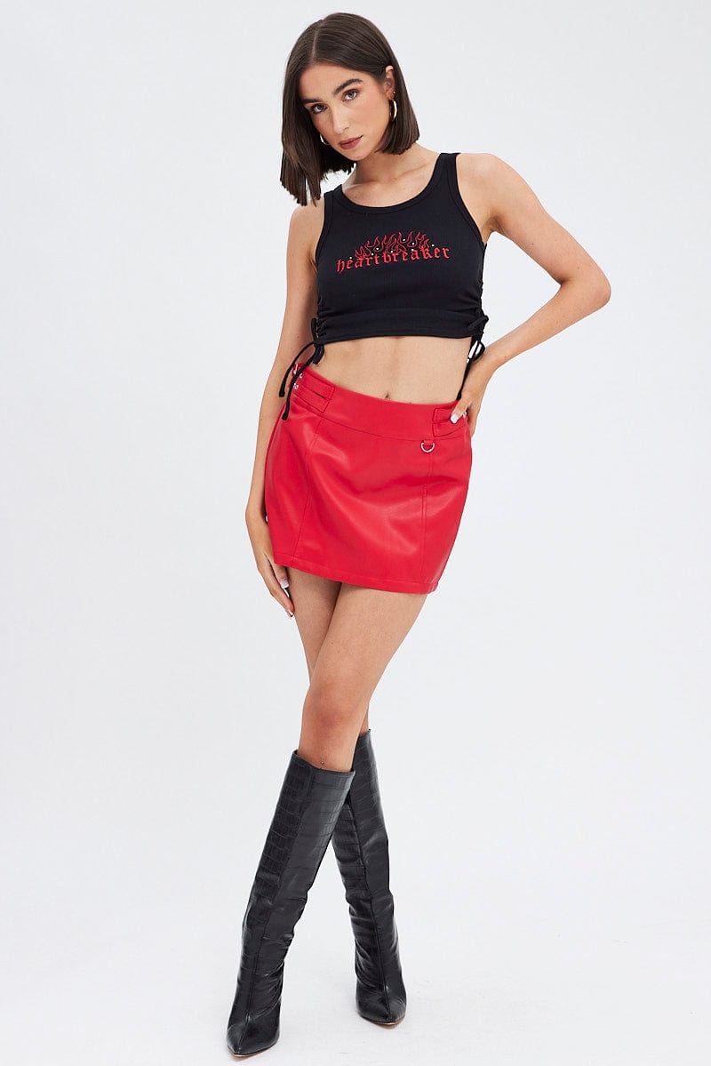 Red Faux Leather Skirt Mid Rise Mini Buckle Detail