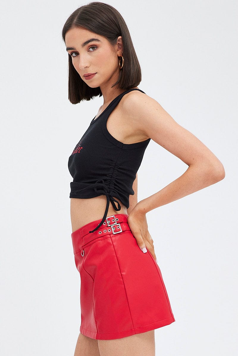 Red Faux Leather Skirt Mid Rise Mini Buckle Detail