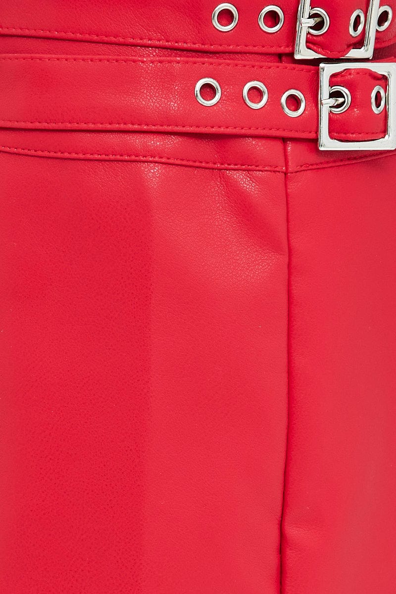 Red Faux Leather Skirt Mid Rise Mini Buckle Detail