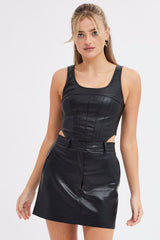 Black Mini Skirt High Rise Pocket Detail Faux Leather