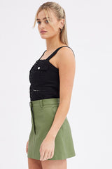 Green Mini Skirt High Rise Pocket Detail Faux Leather