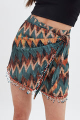 Multi Abstract Wrap Skirt Mini Tassels