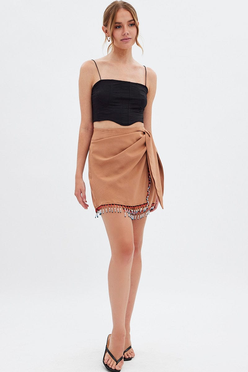 Beige Abstract Wrap Skirt Mini Tassels