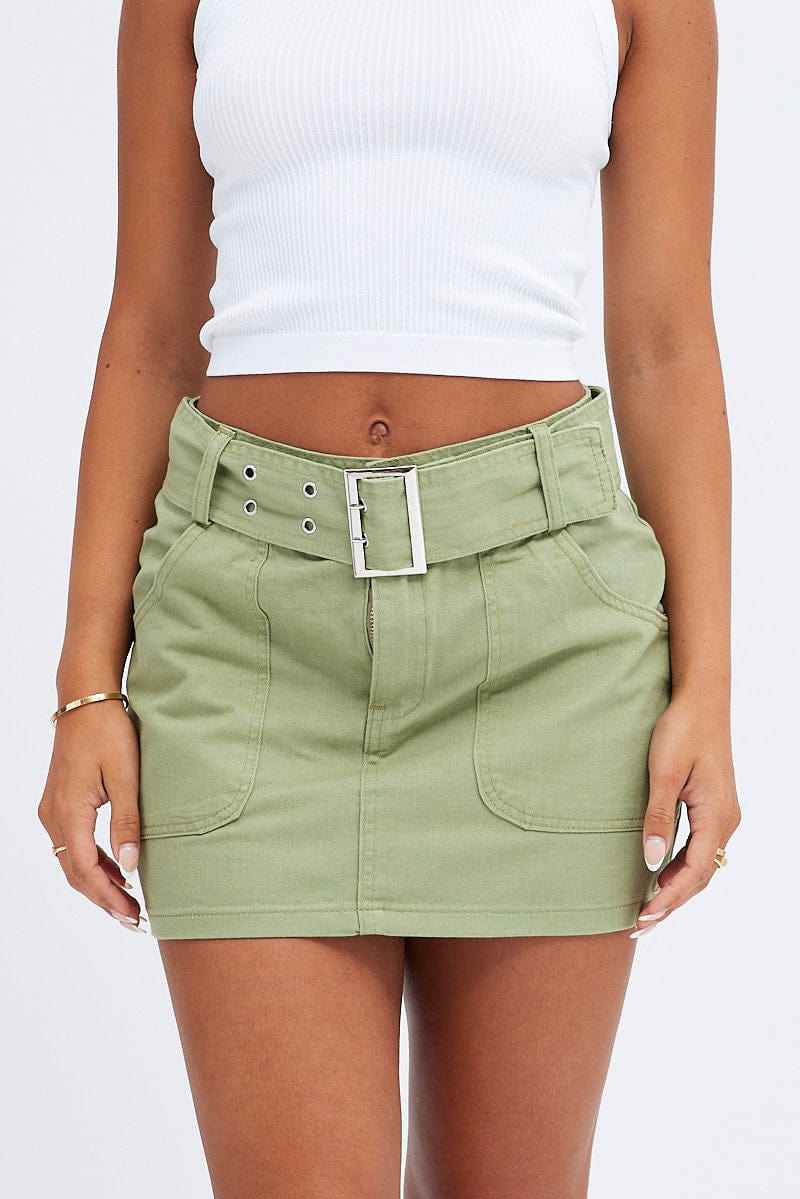 Green Mini Skirt Low Rise Belted Cotton Blend