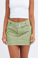 Green Mini Skirt Low Rise Belted Cotton Blend