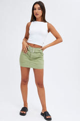 Green Mini Skirt Low Rise Belted Cotton Blend