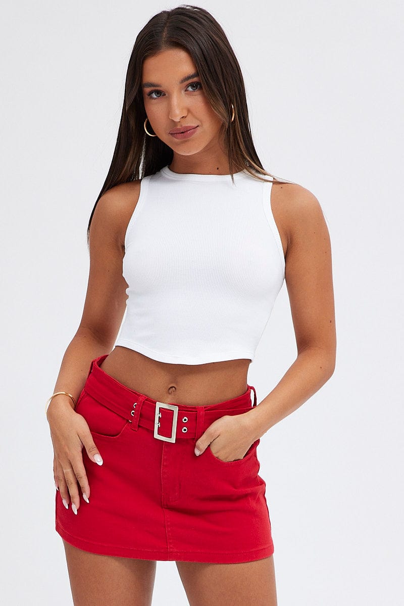 Red Mini Skirt Belted Low rise