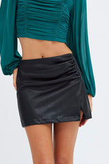 Black PU Mini Skirt Slit Mid rise