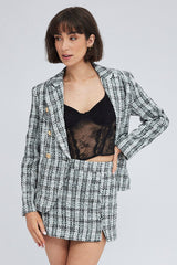 Black Check Mini Skirt High Rise A-line Front Slit Tweed