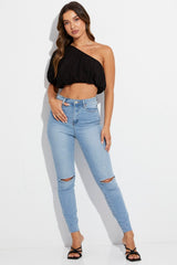 Black Crop Top One Shoulder Short Sleeve