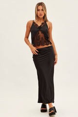 Black Lace Cami Sleeveless V-Neck Relaxed Fit Satin