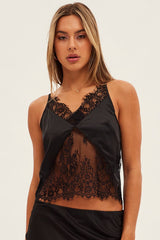 Black Lace Cami Sleeveless V-Neck Relaxed Fit Satin