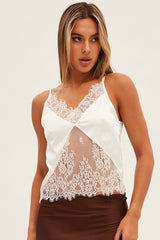 White Lace Cami Sleeveless V-Neck Relaxed Fit Satin