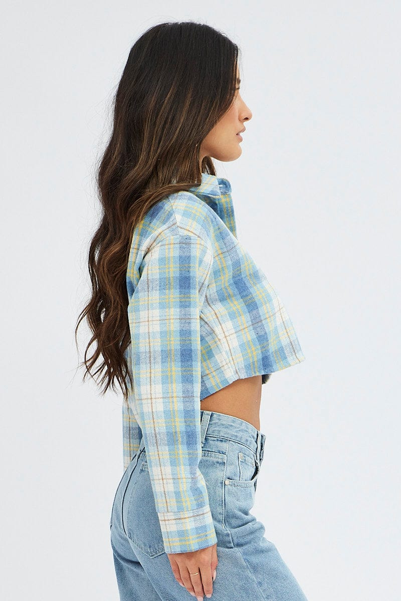 Blue Check Crop Shacket Long Sleeve Collared Fleece