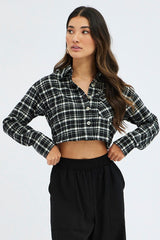 Black Check Crop Shacket Long Sleeve Collared Fleece