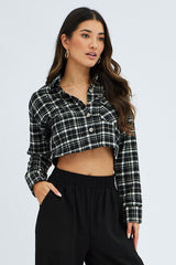 Black Check Crop Shacket Long Sleeve Collared Fleece