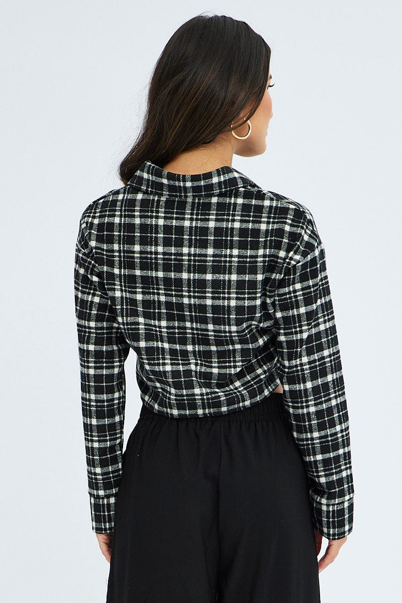 Black Check Crop Shacket Long Sleeve Collared Fleece