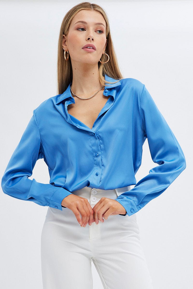 Blue Shirt Long Sleeve Collared Longline Matte Satin