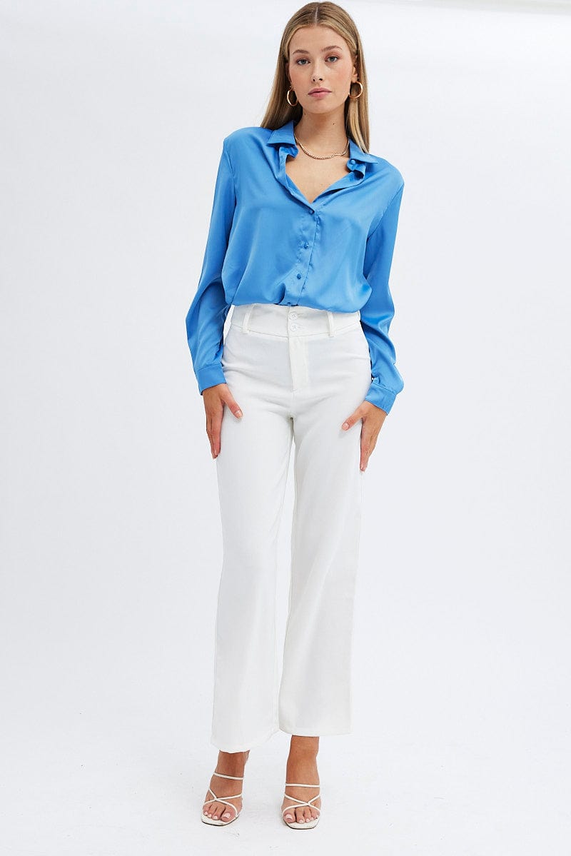 Blue Shirt Long Sleeve Collared Longline Matte Satin