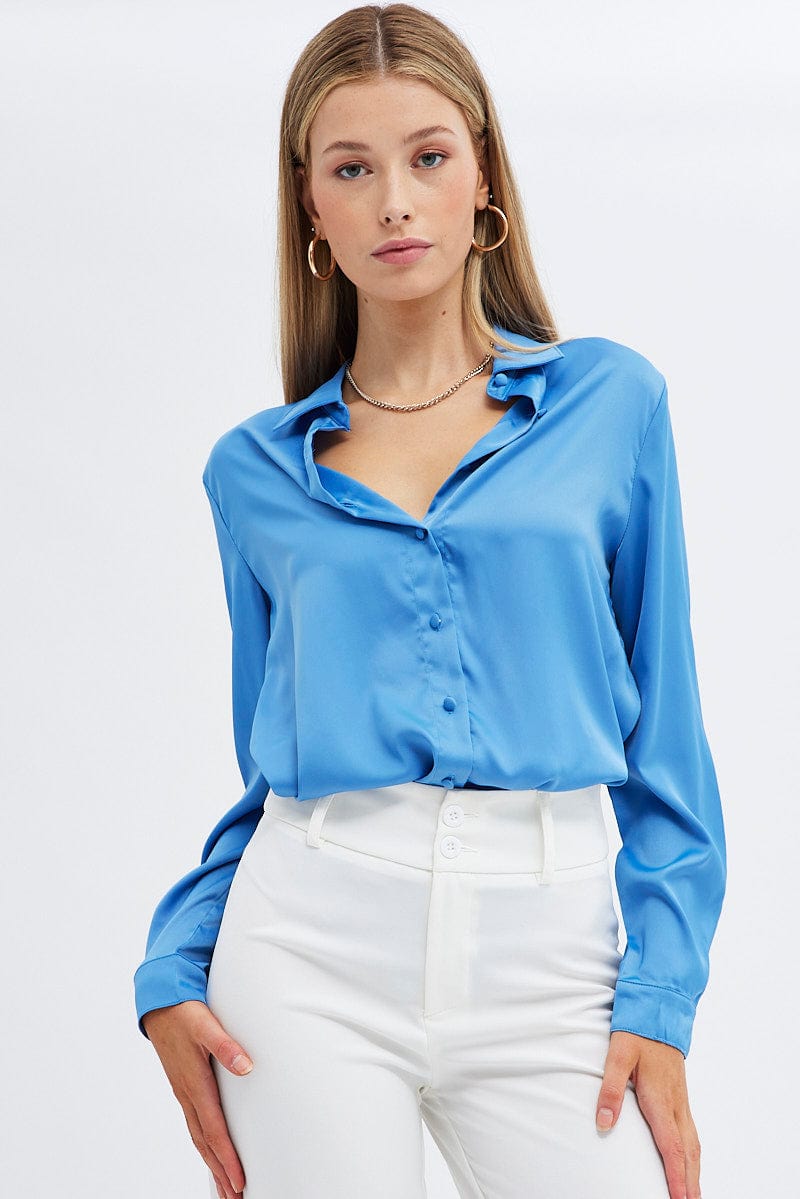 Blue Shirt Long Sleeve Collared Longline Matte Satin