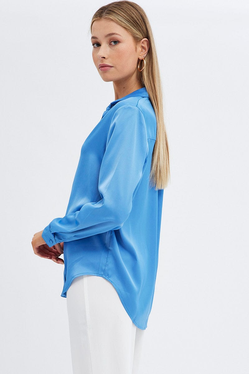 Blue Shirt Long Sleeve Collared Longline Matte Satin