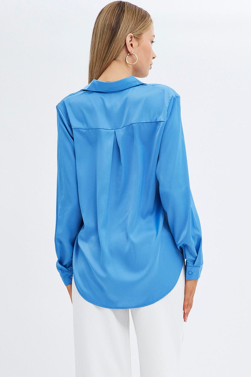 Blue Shirt Long Sleeve Collared Longline Matte Satin