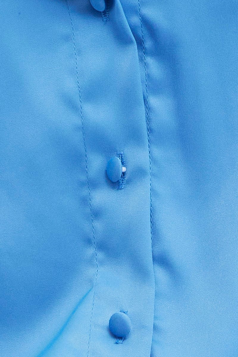 Blue Shirt Long Sleeve Collared Longline Matte Satin