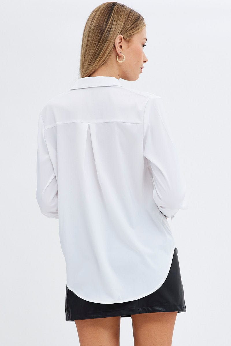 White Shirt Long Sleeve Collared Longline Matte Satin