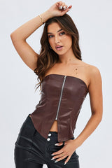 Brown PU Corset Sleeveless Strapless Butterfly Top