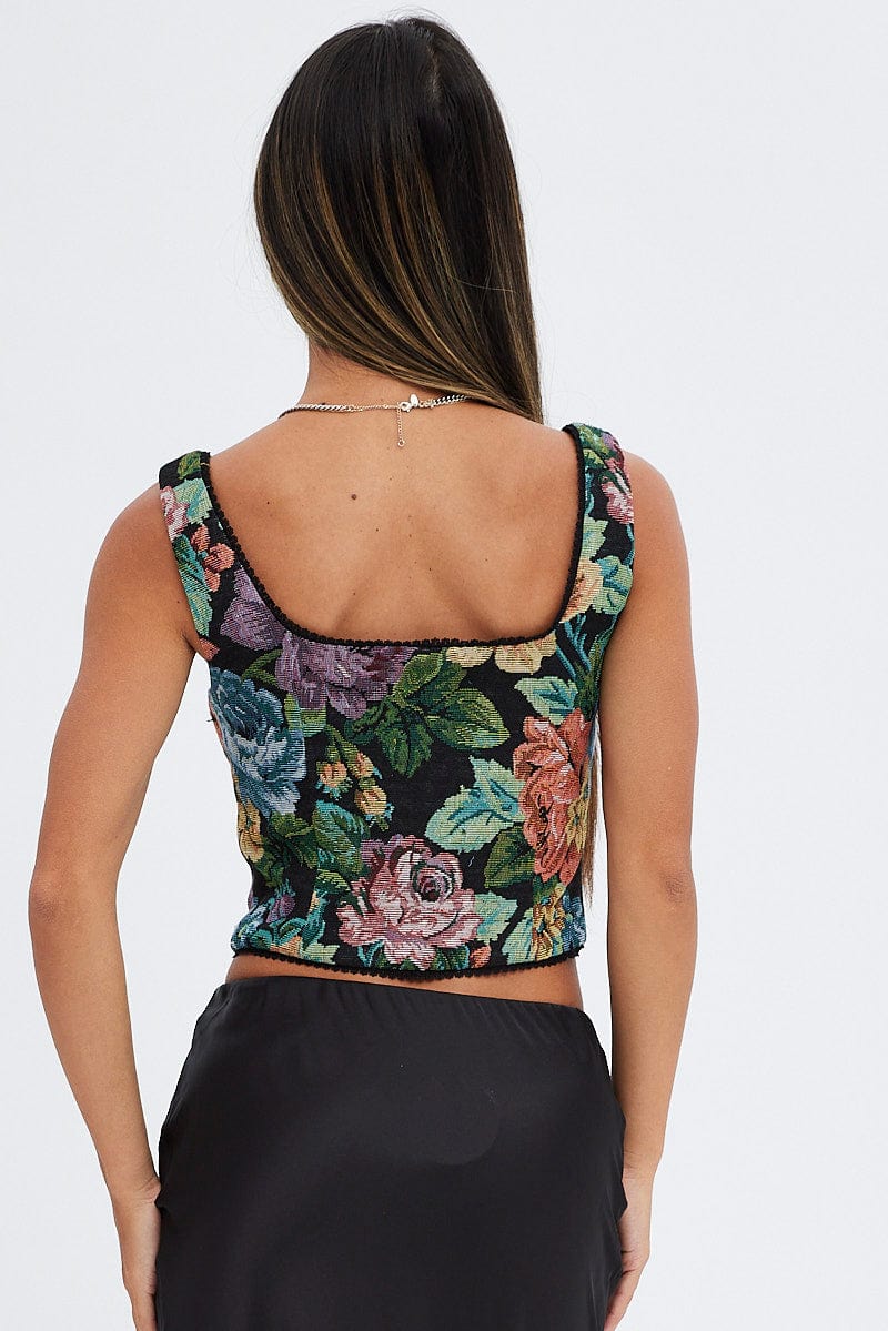 Black Floral Corset Top Sleeveless Square Neck Hook & Eye