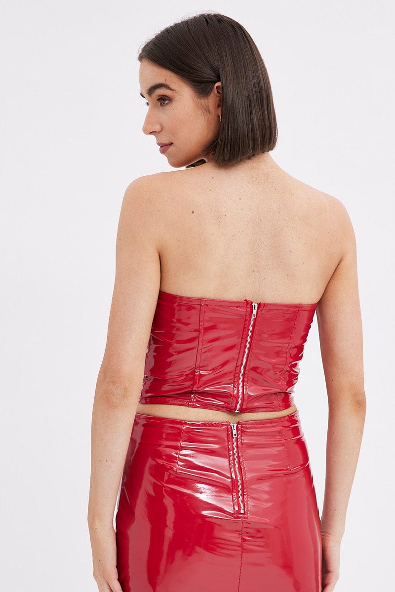 Red Corset Top Sleeveless Strapless Bandeau PU Patent