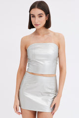 Metallic Corset Top Sleeveless Strapless Bandeau PU Silver