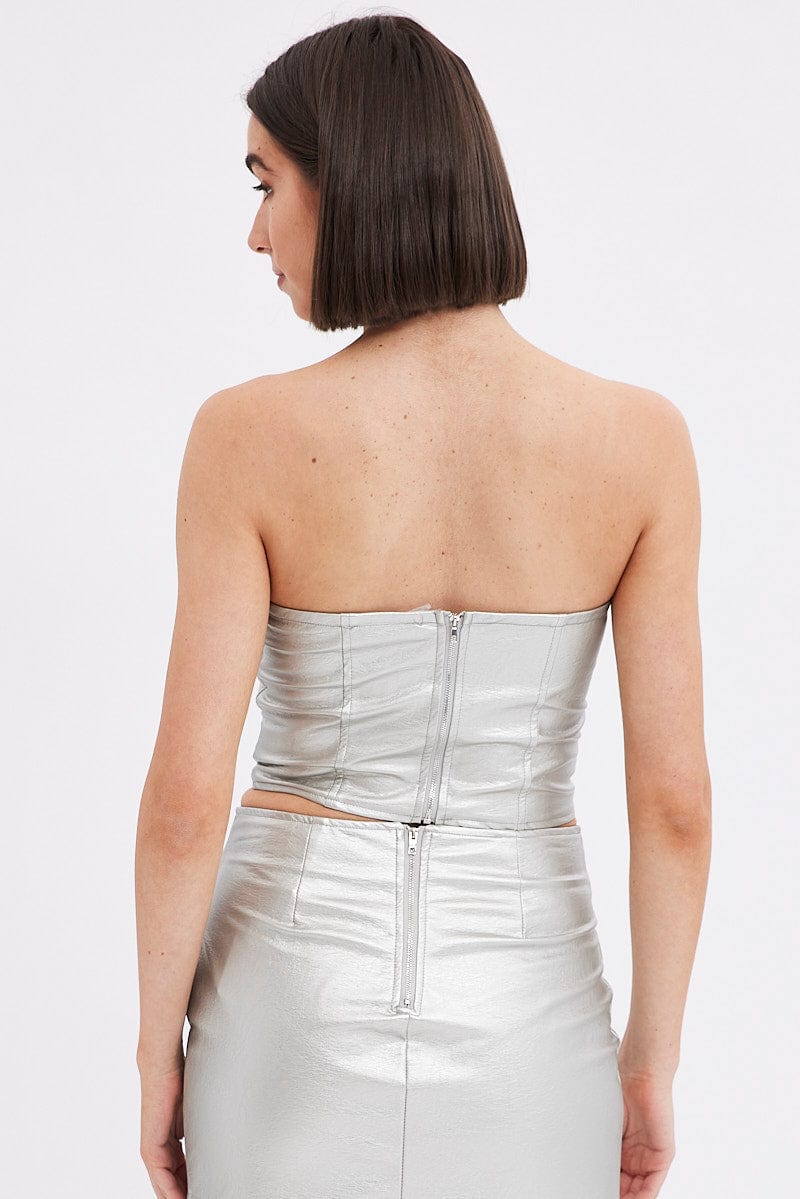 Metallic Corset Top Sleeveless Strapless Bandeau PU Silver