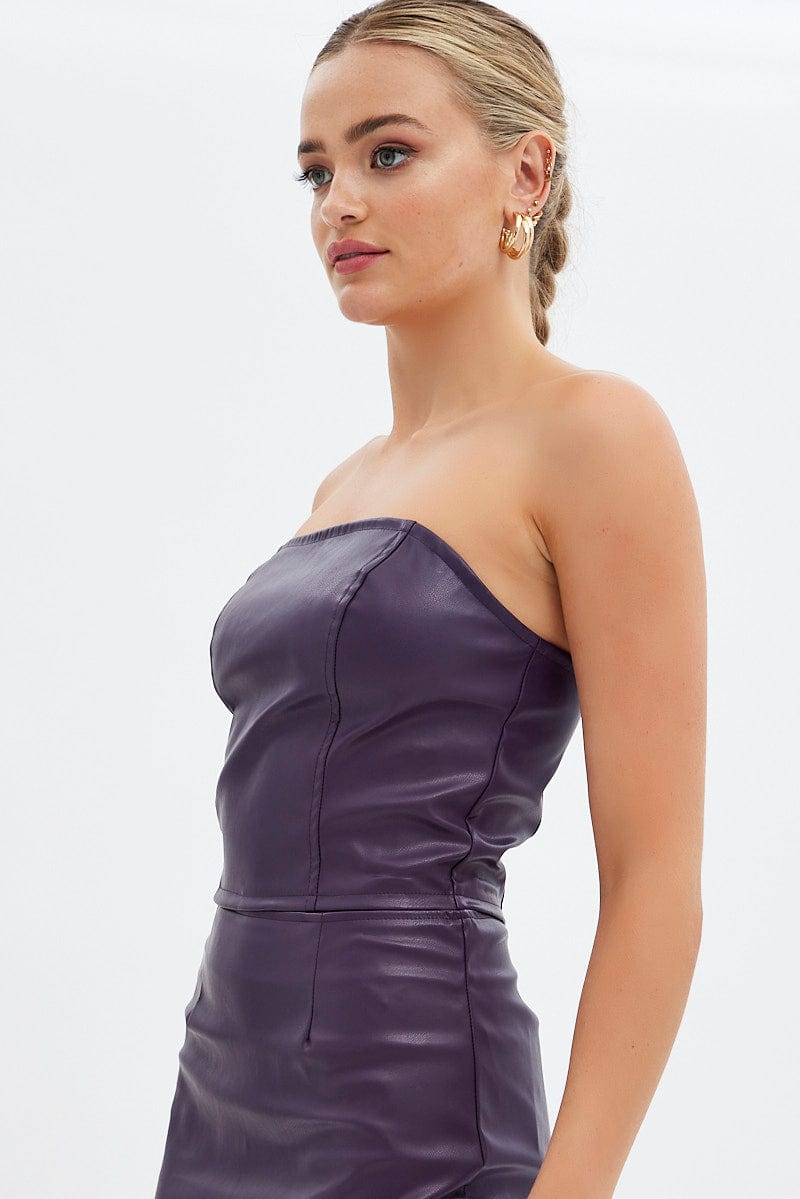 Purple Faux Leather Corset Sleeveless Strapless Bandeau