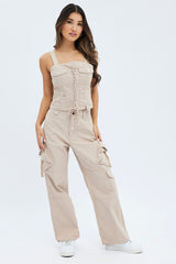 Beige Cargo Top Sleeveless Square Neck Longline Utility