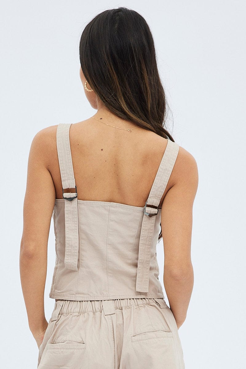 Beige Cargo Top Sleeveless Square Neck Longline Utility