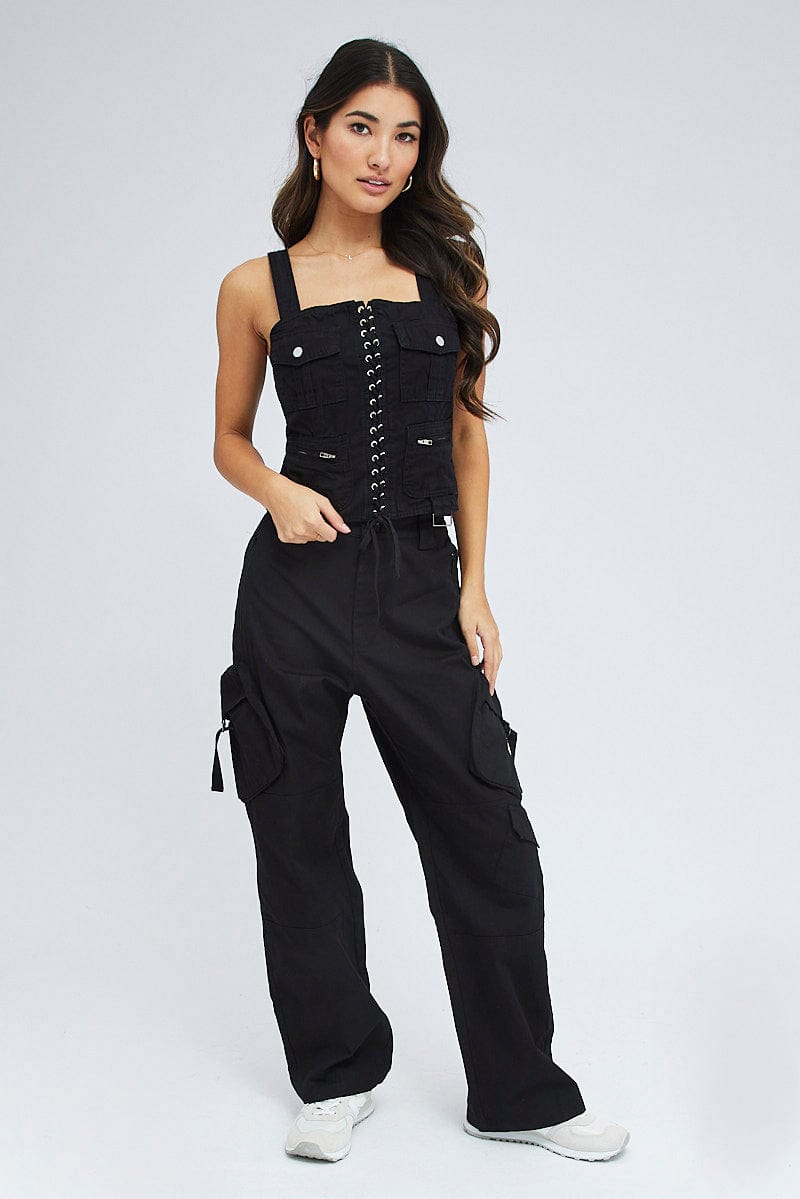 Black Cargo Top Sleeveless Square Neck Longline Utility