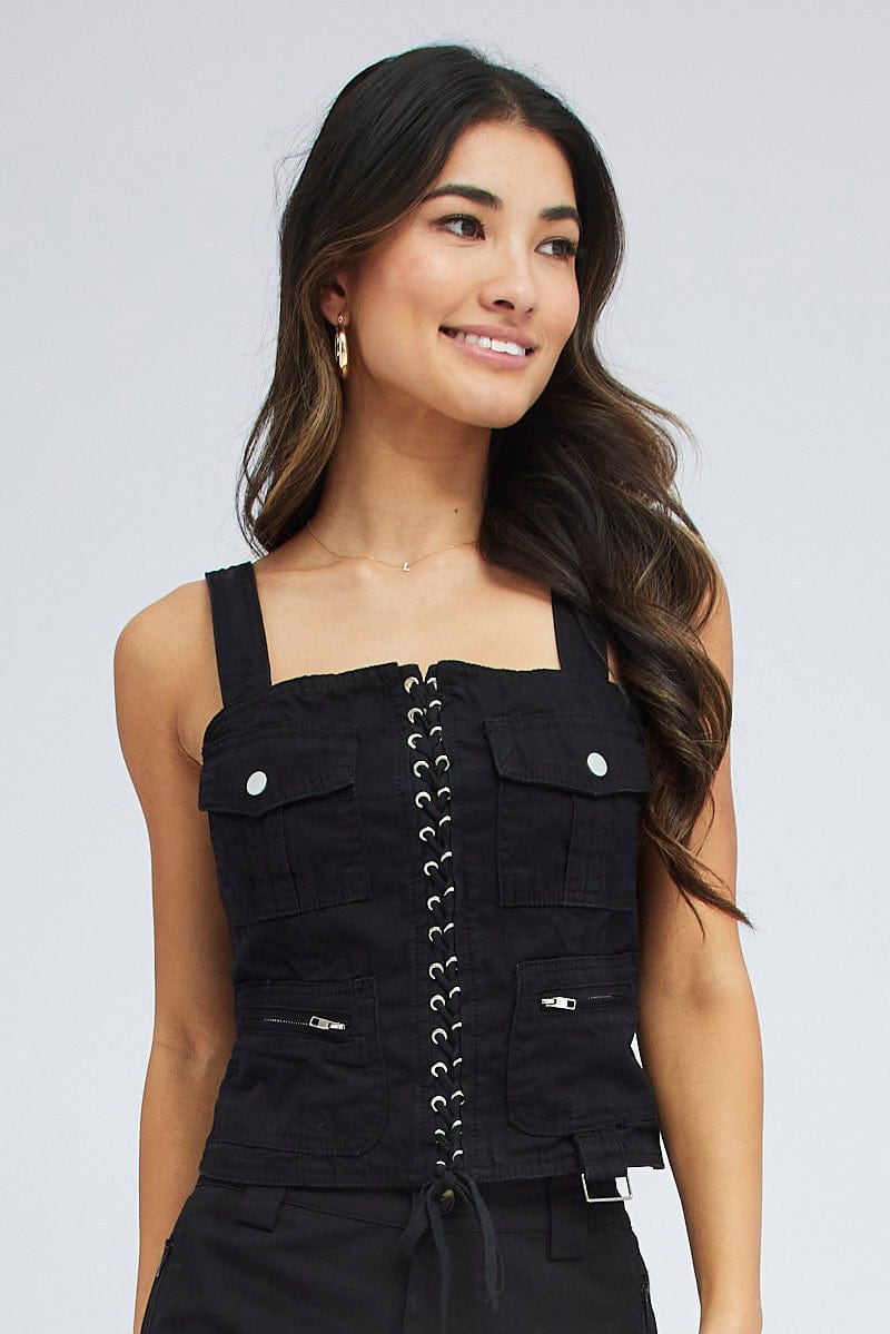 Black Cargo Top Sleeveless Square Neck Longline Utility