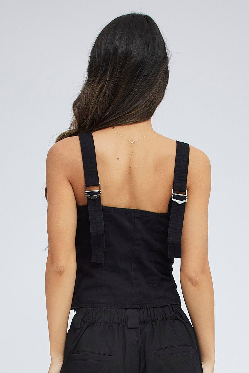 Black Cargo Top Sleeveless Square Neck Longline Utility