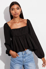 Black Top Long Sleeve Square Neck Shirred Ruched