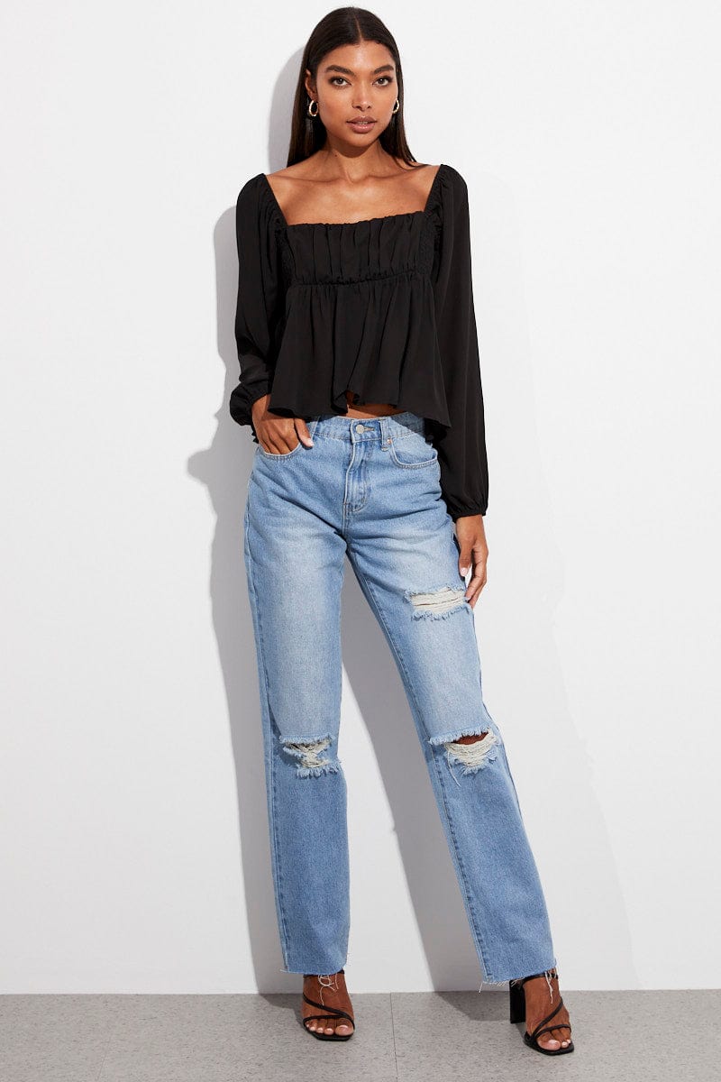 Black Top Long Sleeve Square Neck Shirred Ruched