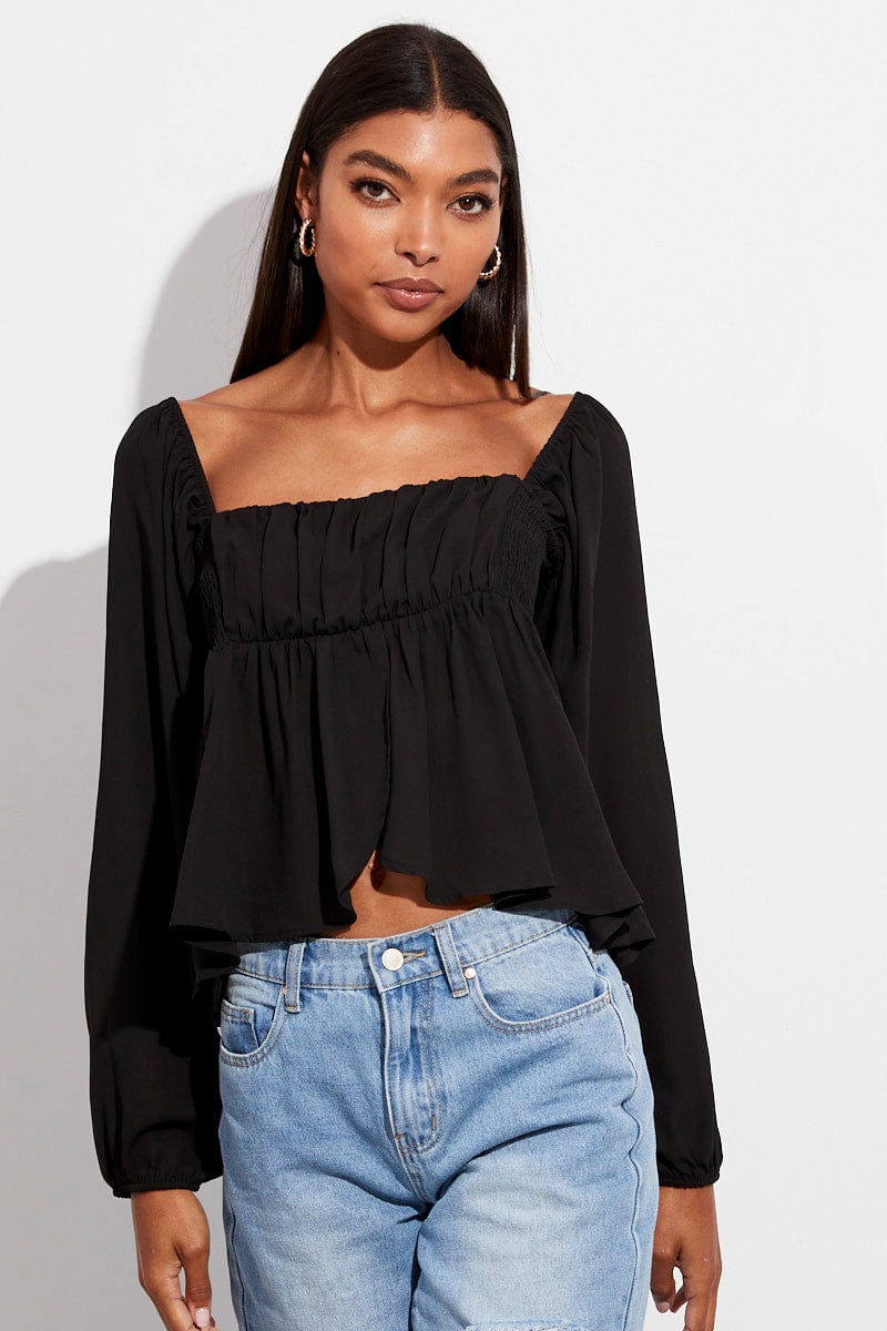 Black Top Long Sleeve Square Neck Shirred Ruched