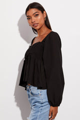 Black Top Long Sleeve Square Neck Shirred Ruched