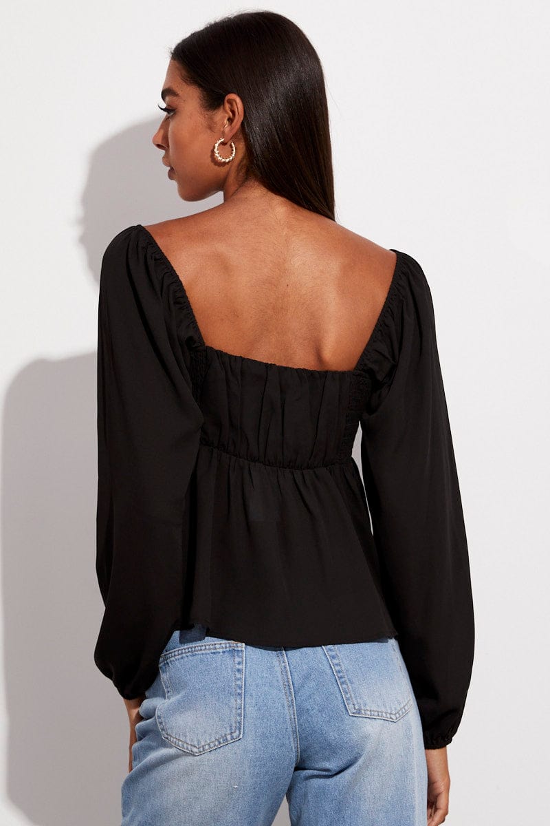 Black Top Long Sleeve Square Neck Shirred Ruched