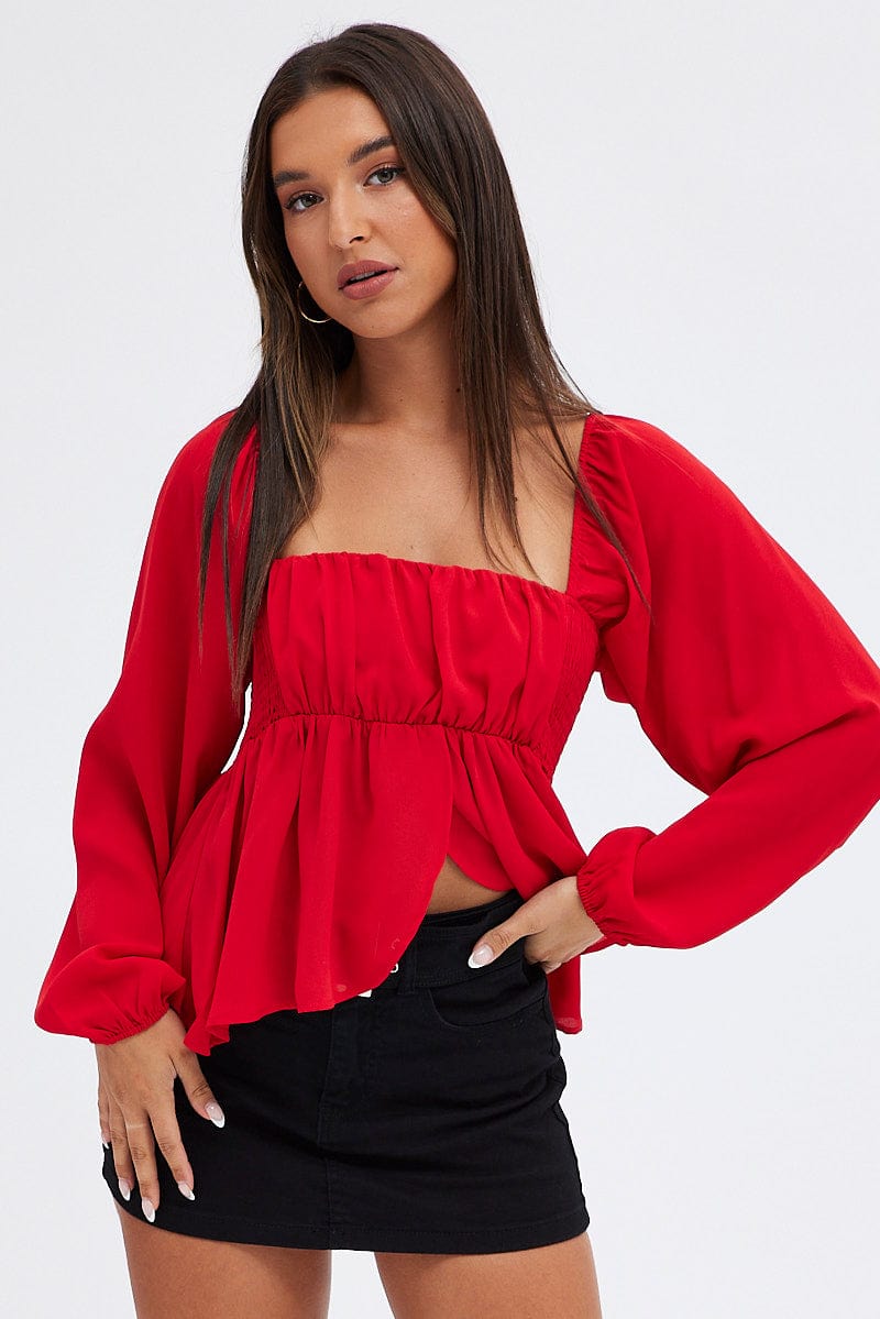 Red Top Long Sleeve Square Neck Shirred Ruched