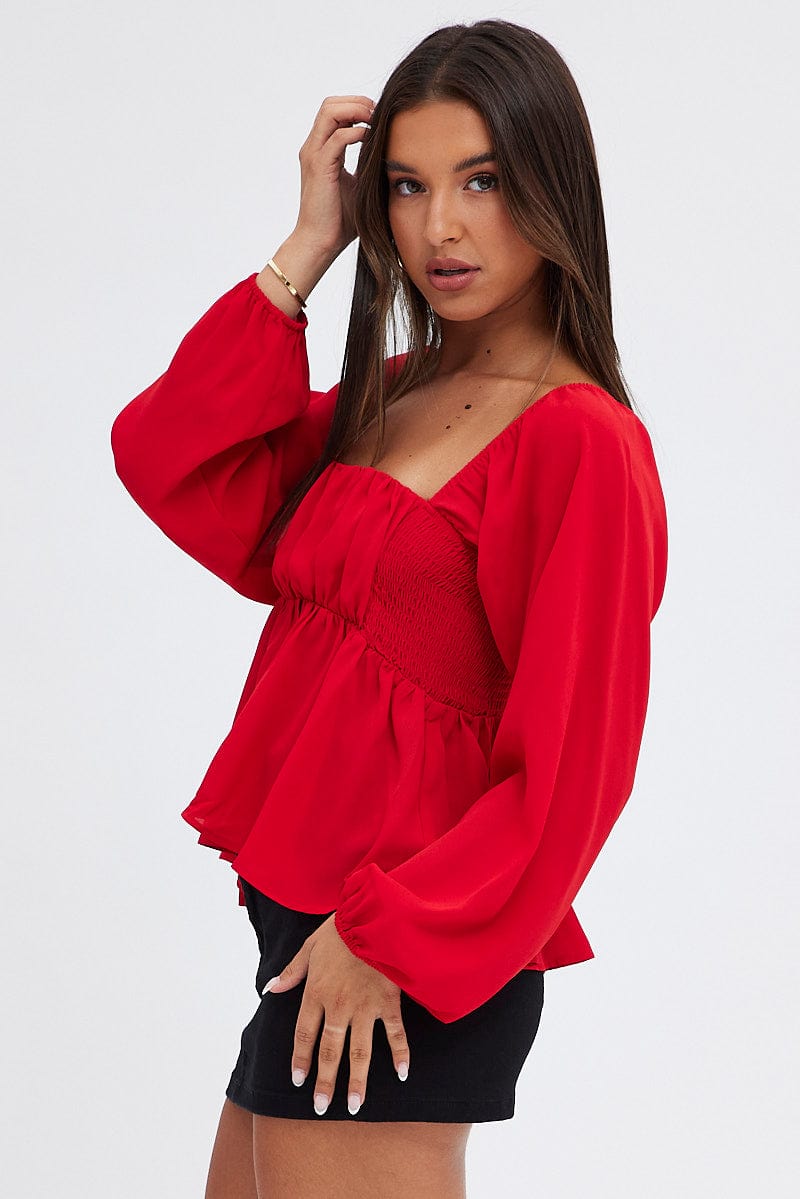 Red Top Long Sleeve Square Neck Shirred Ruched