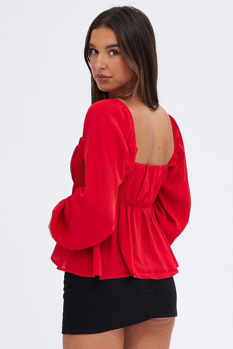 Red Top Long Sleeve Square Neck Shirred Ruched