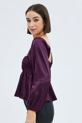 Red Top Long Sleeve Square Neck Shirred Ruched Satin